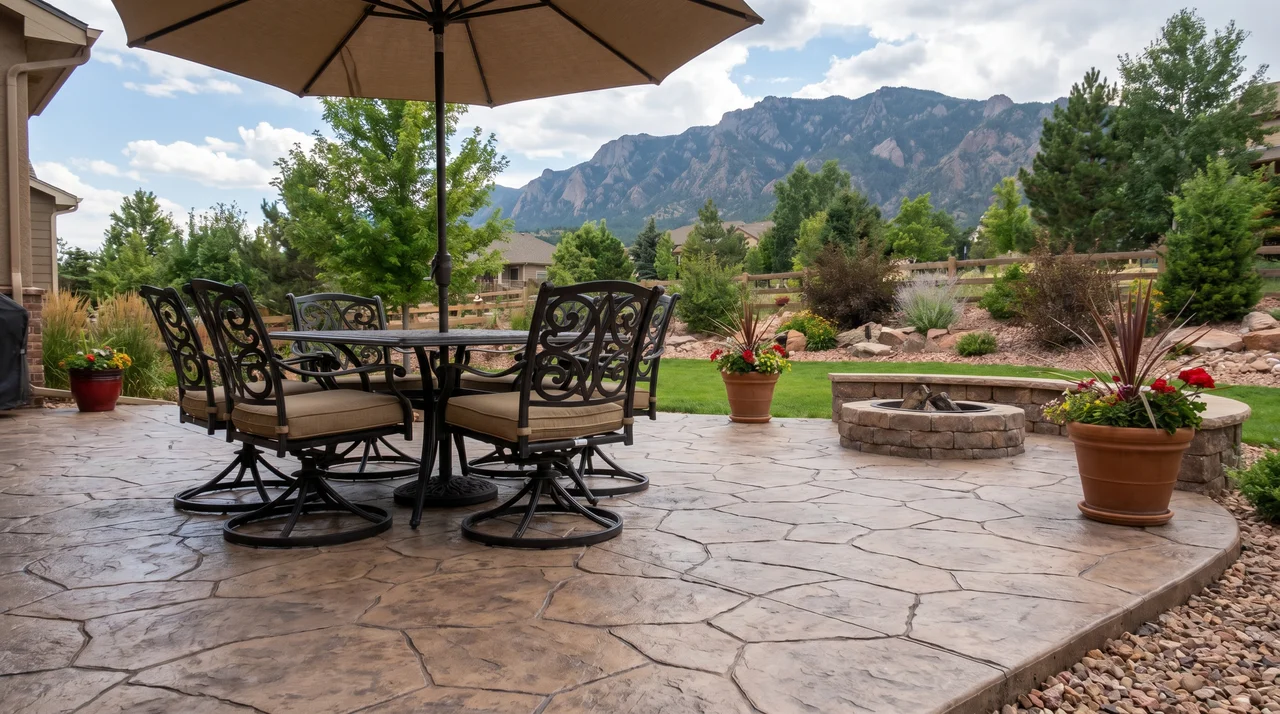 Stamped flagstone concrete patio with mountain backdrop, Colorado Springs