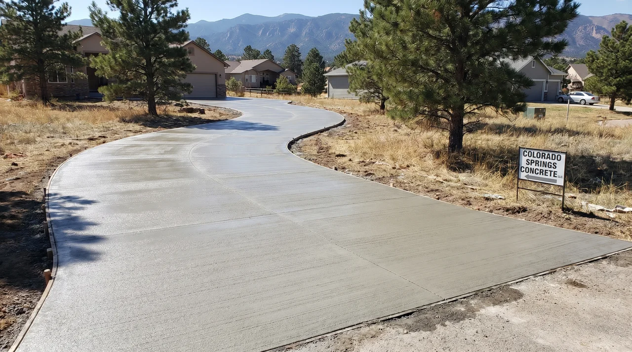 New broom-finish concrete driveway, residential Colorado Springs neighborhood