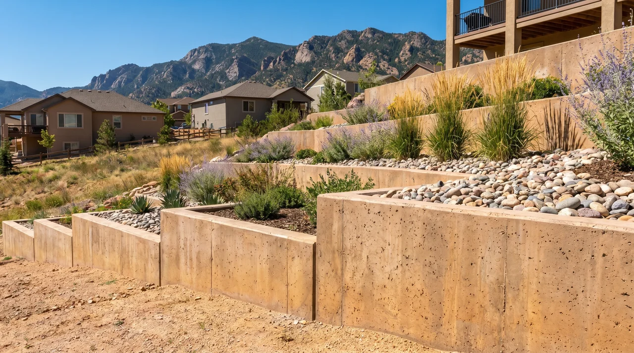 Poured concrete retaining wall with landscaping, hillside lot Colorado Springs